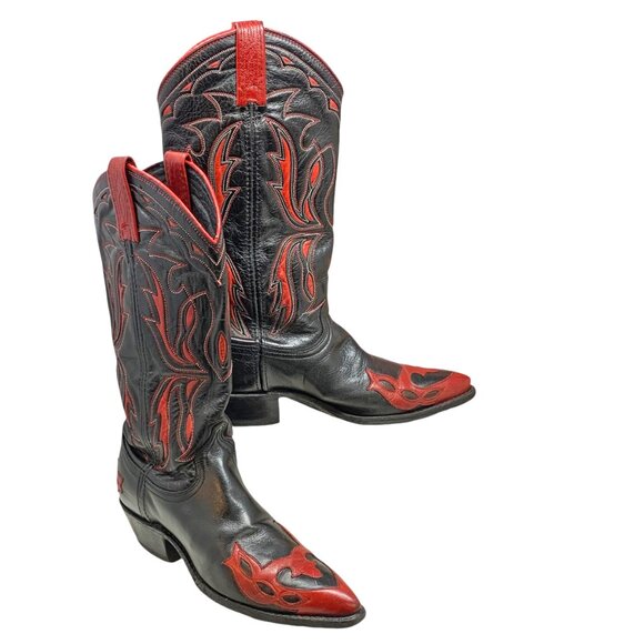 Vintage Dan Post Black Leather‎ Red Inlaid Leather Cowgirl Boots - Picture 12 of 12
